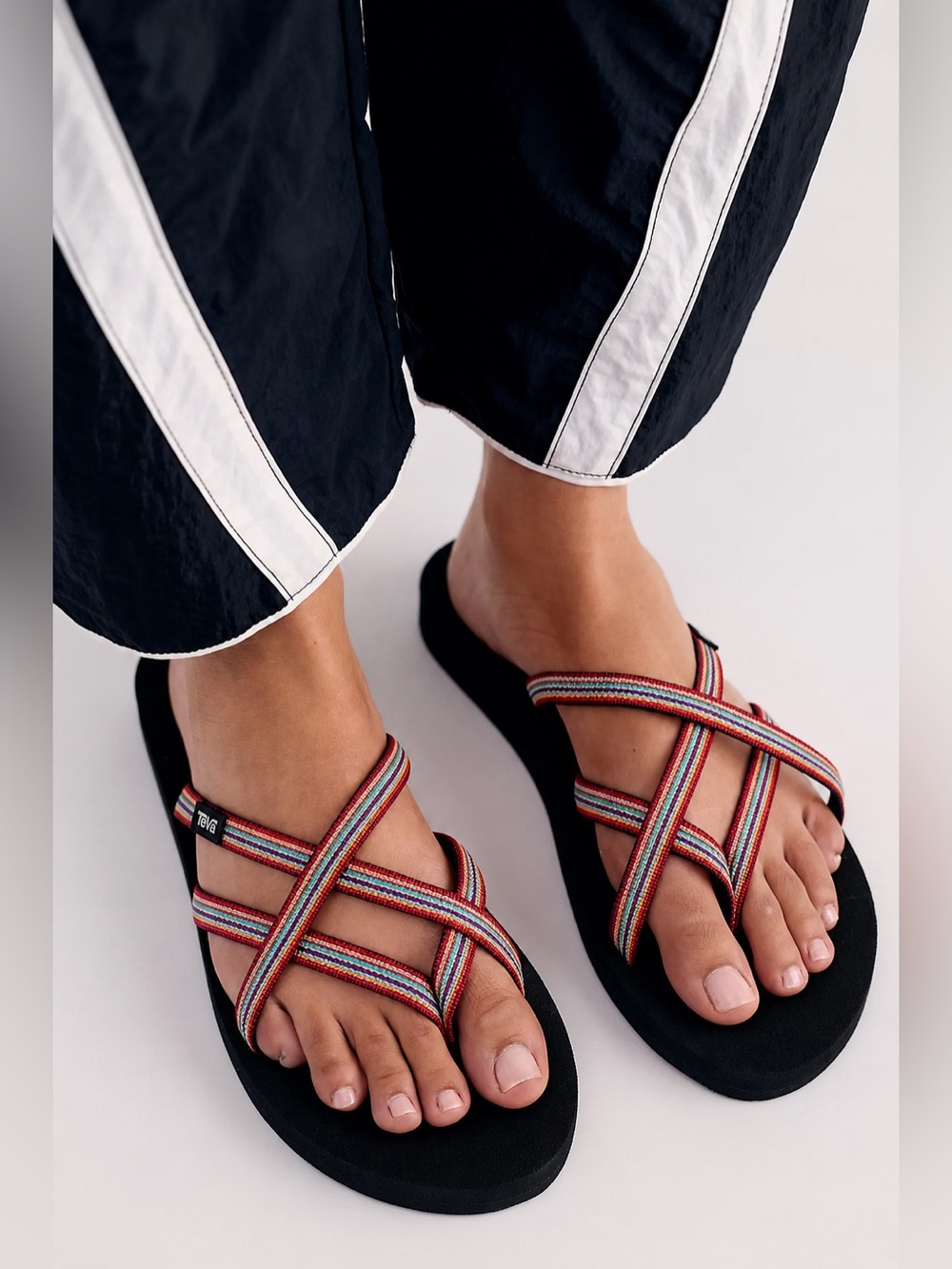 Teva Olowahu Sandals - Women's Black Sandals with Rainbow Stripe Webbing